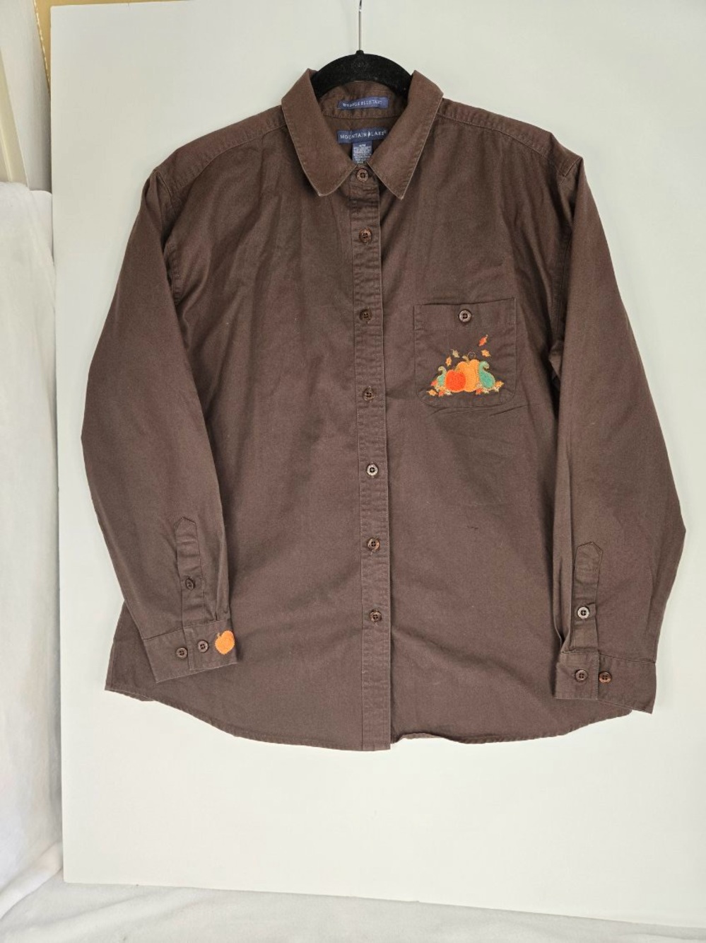 Mountain Lake Brown Button-Down Shirt with Embroidered Fall Patch